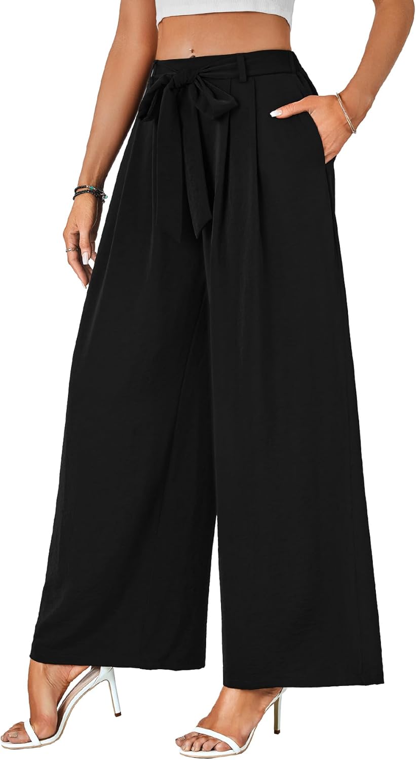 LYANER Women's Casual Loose Elastic Tie Knot Waist Wide Leg Pants Trousers with Pockets - Image 3