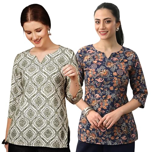 Image of Pinkmint Women's Cotton Blend Printed Short Kurti, Hip-Length Ethnic Tunic for Women, 3 /4 Sleeve Notch Neck, Casual, Office (Available in Plus Sizes & Combo Pack 2)