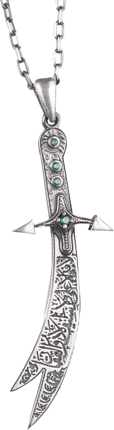 KAMBO 925 Sterling Silver Zulfiqar Sword Necklace with Zircon Created Stone - Islamic Jewelry