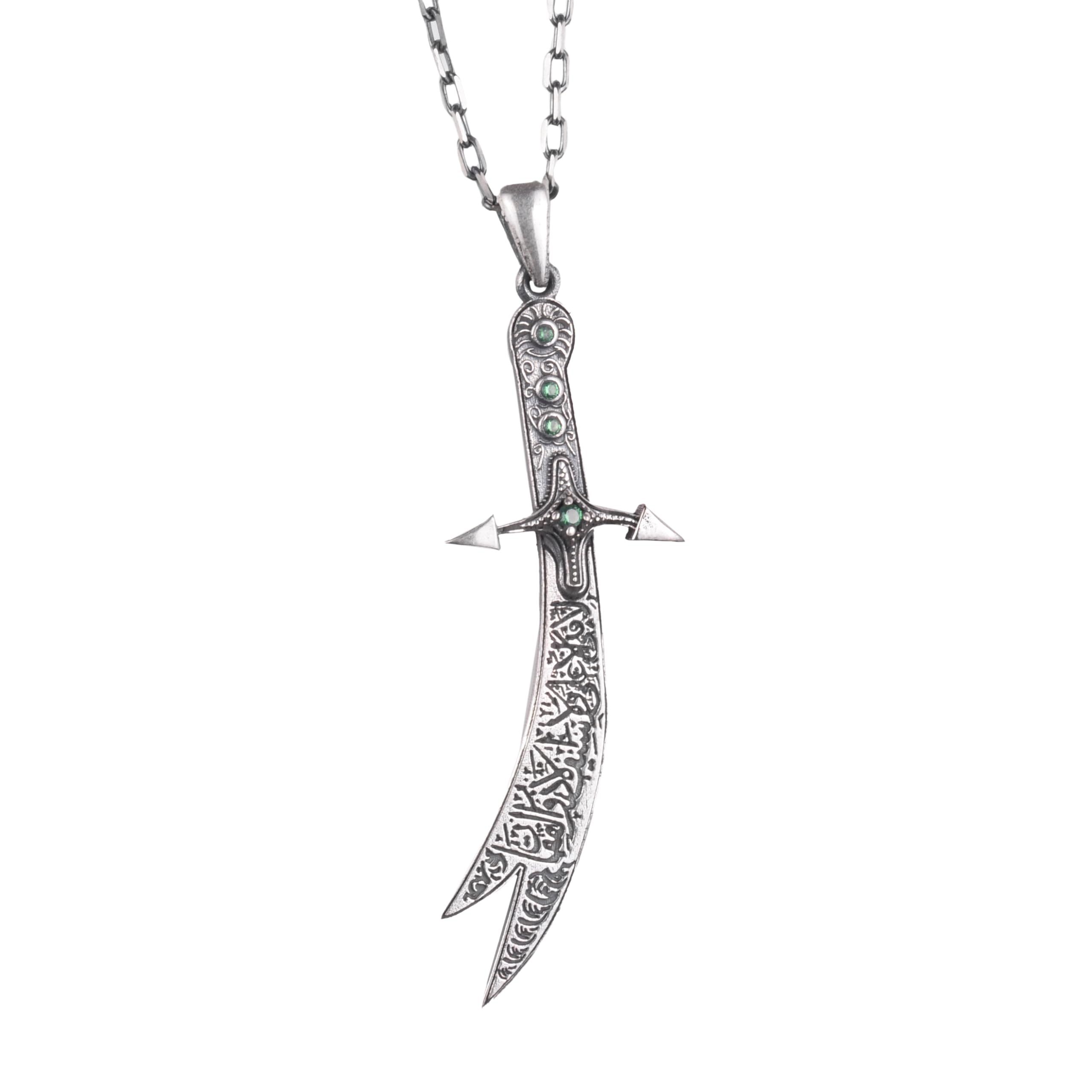 Zulfiqar Sword Necklace in 925 Sterling Silver with Arabic Inscription - Imam Ali Pendant with Cubic Zirconia in White, Green, Red