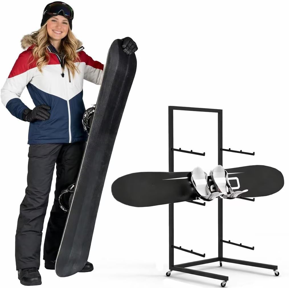 3-Tier Heavy Duty Carbon Steel Snowboard Rack with Locking Casters - Space Saving Nano-Coated Storage Organizer, Holds 3 Snowboards for Garage, Ski Shop & Shed (Black)