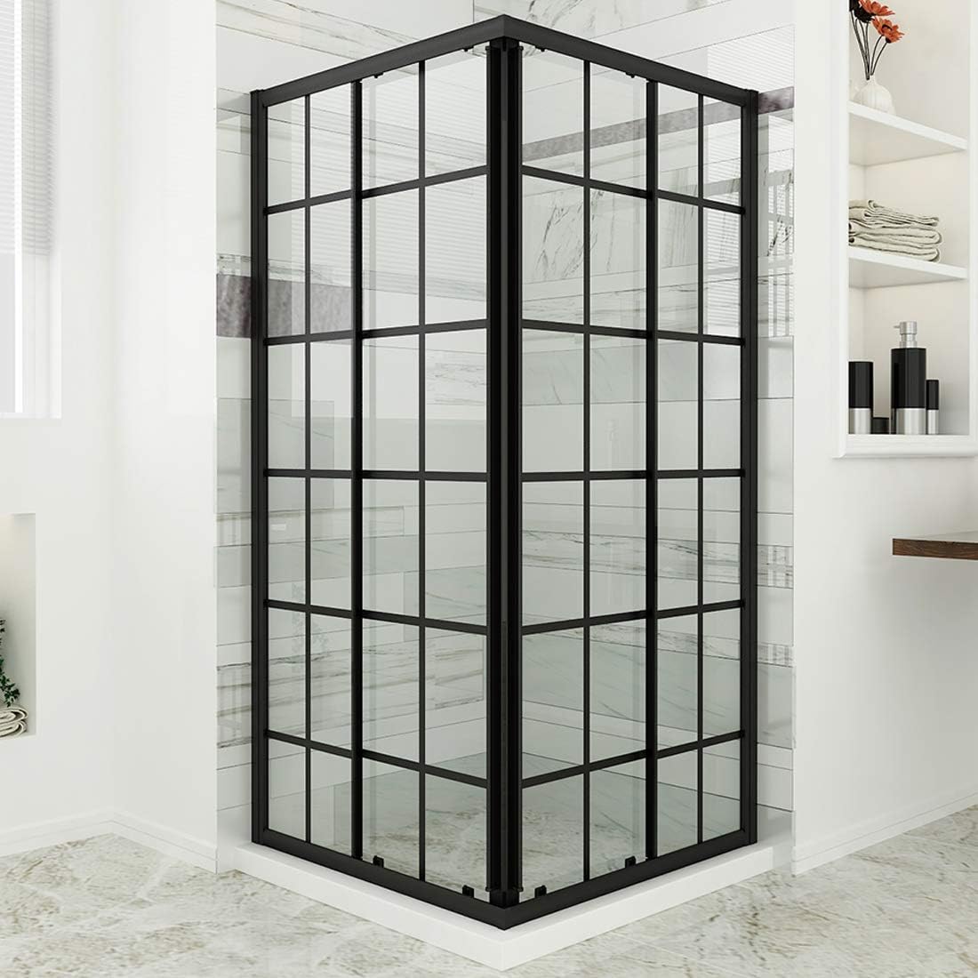 SUNNY SHOWER Double Sliding Shower Door with 1/4 in. Clear Glass Corner Shower Stall, 2 Fixed Clear Glass Panels, 36 in. x 36 in. x 72 in. Matte Black, Shower Base Not Included