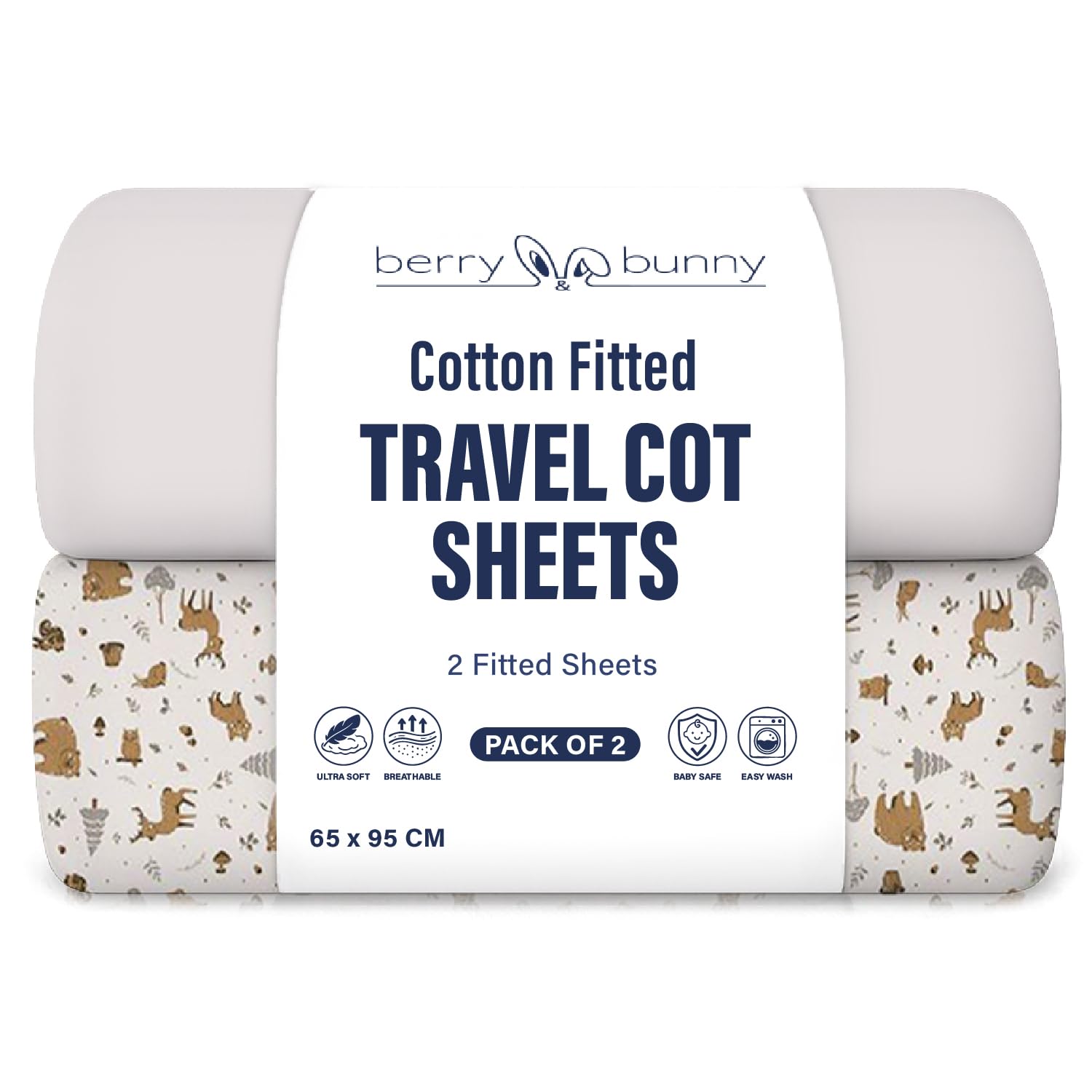 Berry and Bunny 100% Cotton Travel Cot Sheets Pack of 2, Soft Breathable Baby Fitted Sheets 65 x 95 cm, Elasticated Mattress Protector Cover, Deep Fit Baby Bedding All Seasons โ image 1