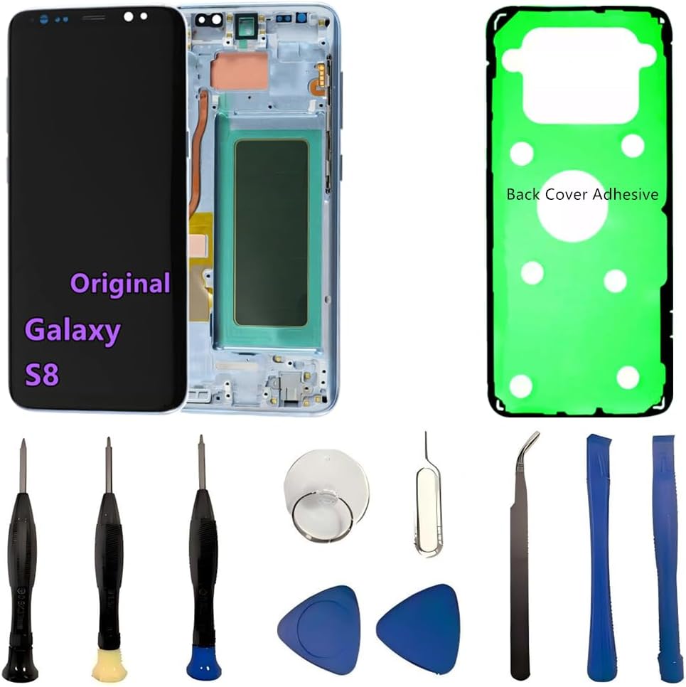 Original 5.8" AMOLED Display for Samsung Galaxy S8 Screen Replacement OEM S8 SM-G950U SM-G950F Display Touch Screen Digitizer Assembly (with Blue Frame+Back Cover Adhesive+Tools)