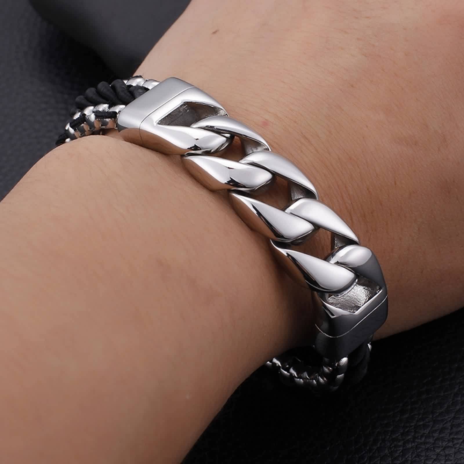 Pulsera para hombre, pulsera de eslabones cubanos de acero inoxidable, cuero negro, cadena trenzada de 15 mm, 21CM x 15MM, Cuero, No es una piedra preciosa