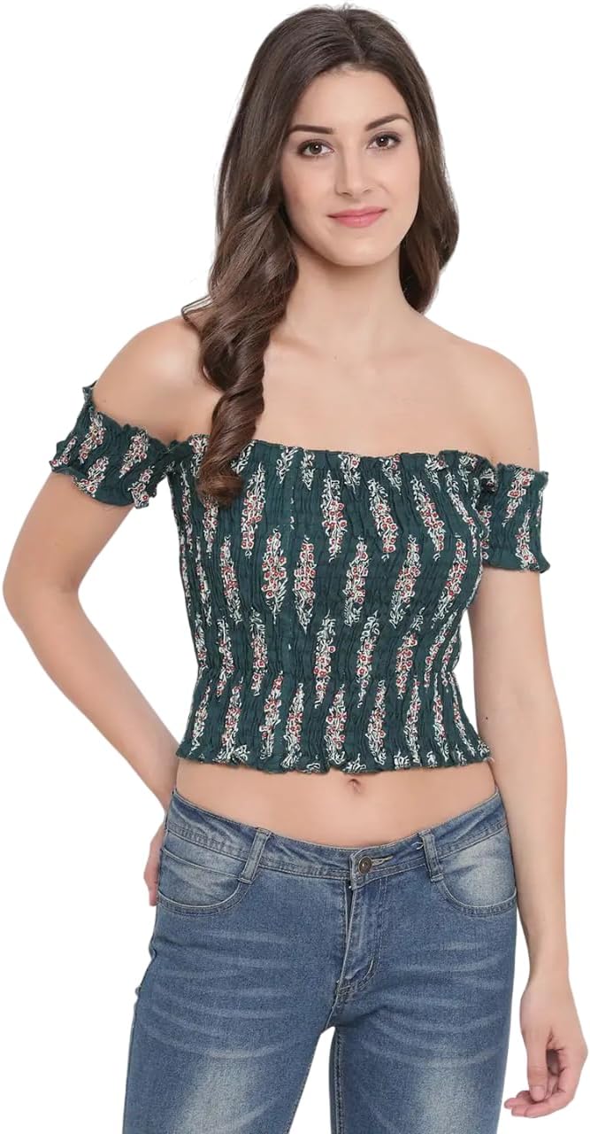 GrabMe Store Women's Rayon Printed Off-Shoulder Smocked Crop Top Short Sleeve Casual Styles Tank Top (Free Size) Multi37