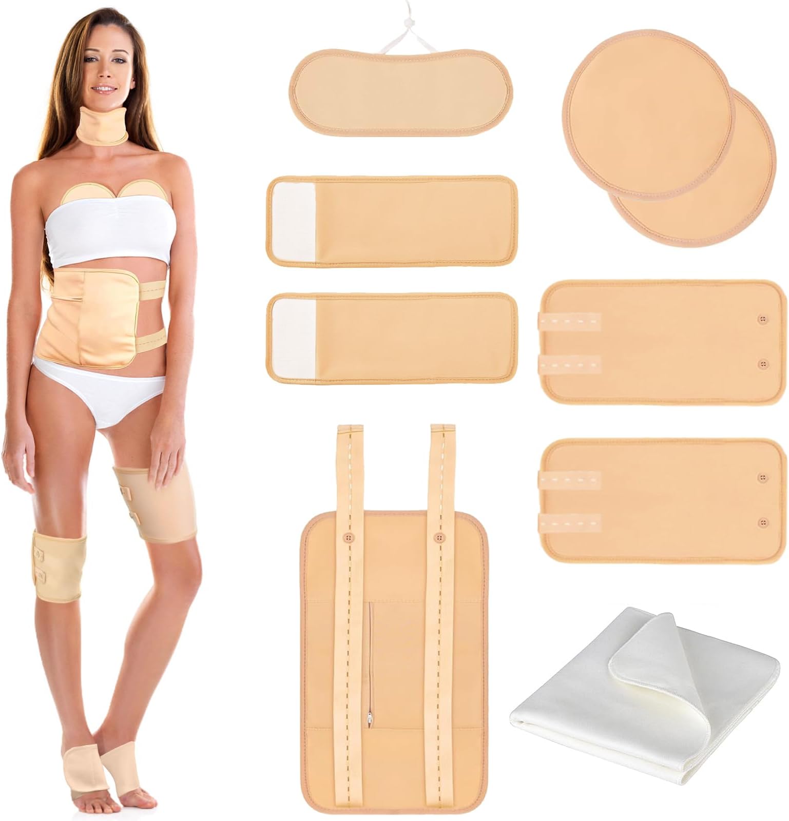 9 Pcs Castor Oil Pack Wrap Organic Cotton for Liver Detox, Stomach, Belly, Neck, Breast, Knee, Foot & Entire Body, Reusable Pads Kit for Hot/Cold Compress with Adjustable Elastic Strap