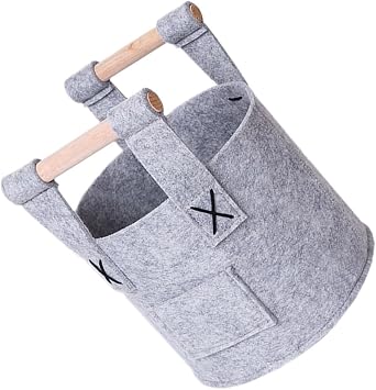 Creative Grey Felt Storage Basket with Handles Foldable Barrel-shaped Household Storage Bucket for Desk Organising Snacks and Sundries Moderate Capacity