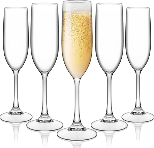 ShiuShing 5oz Champagne Flutes,Plastic Clear Champagne Glasses Set of 6, Elegant Stemmed Champagne Glasses Sparkling Wine Glasses for
