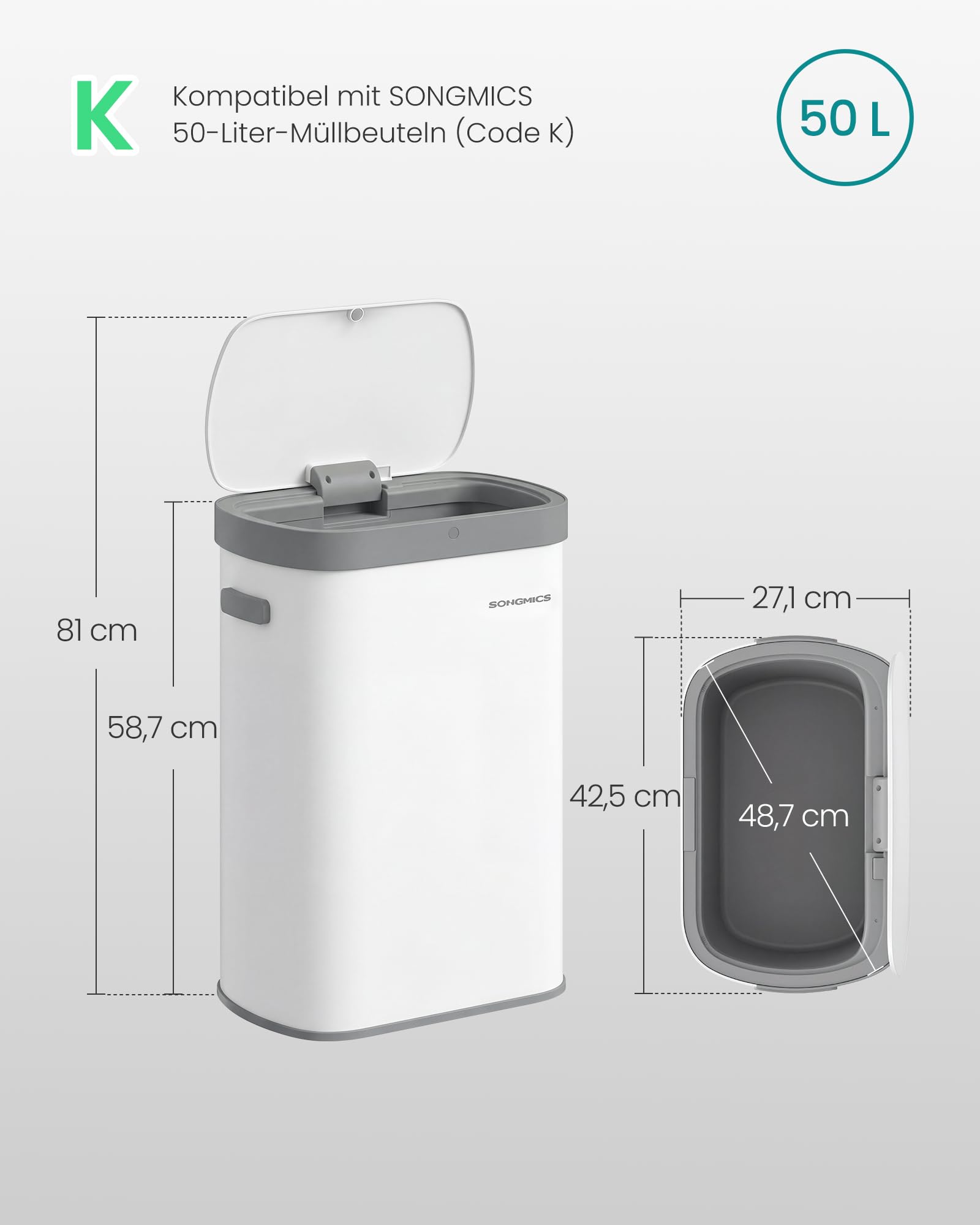 SONGMICS Mülleimer mit Sensor, automatischer Abfalleimer 50 L, Öffnen per Handbewegung oder Berühren, Softclose-Deckel, Stahl, inkl. 15 Müllbeutel, weiß LTB640WZ02
