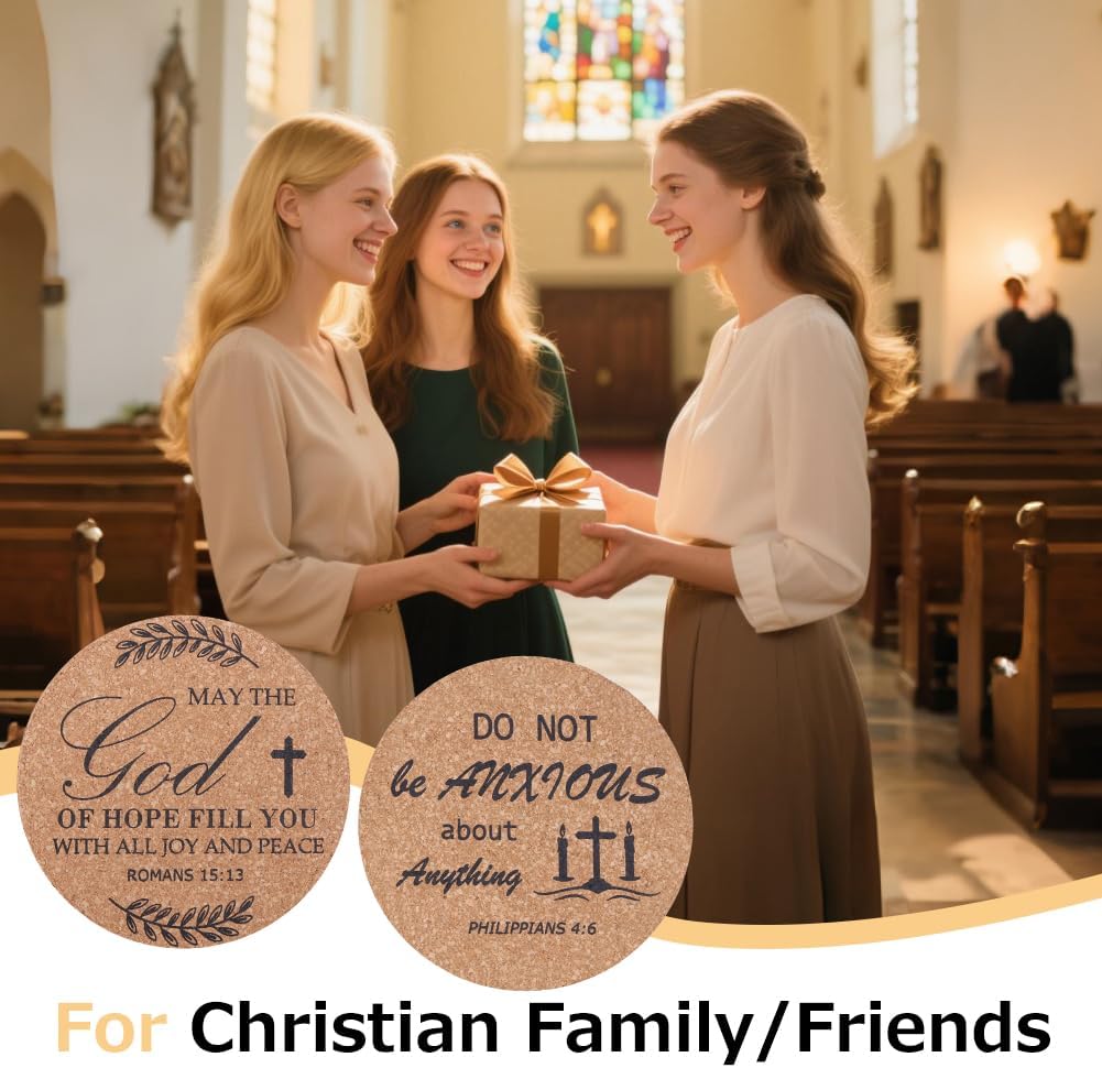 50Pcs Christian Coasters Bulk for Drinks with Bible Verses 4" Christian Church Drink Coasters with Cork for Coffee Table Church Present Home Decor