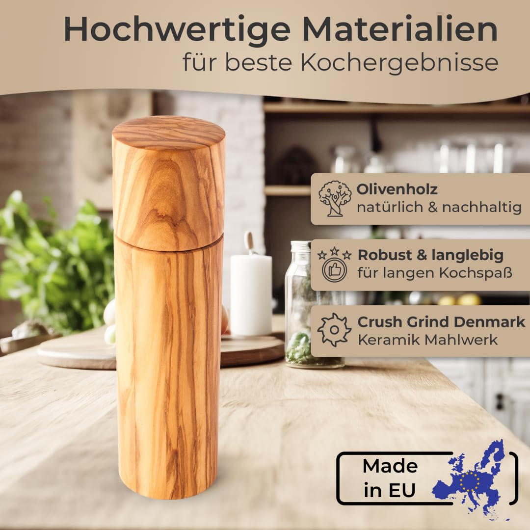 Macinasale o pepe di alta qualità, in legno d'ulivo, 20 cm, prodotto in UE, macina in ceramica, macinaspezie di alta qualità, design elegante, robusto, sostenibile
