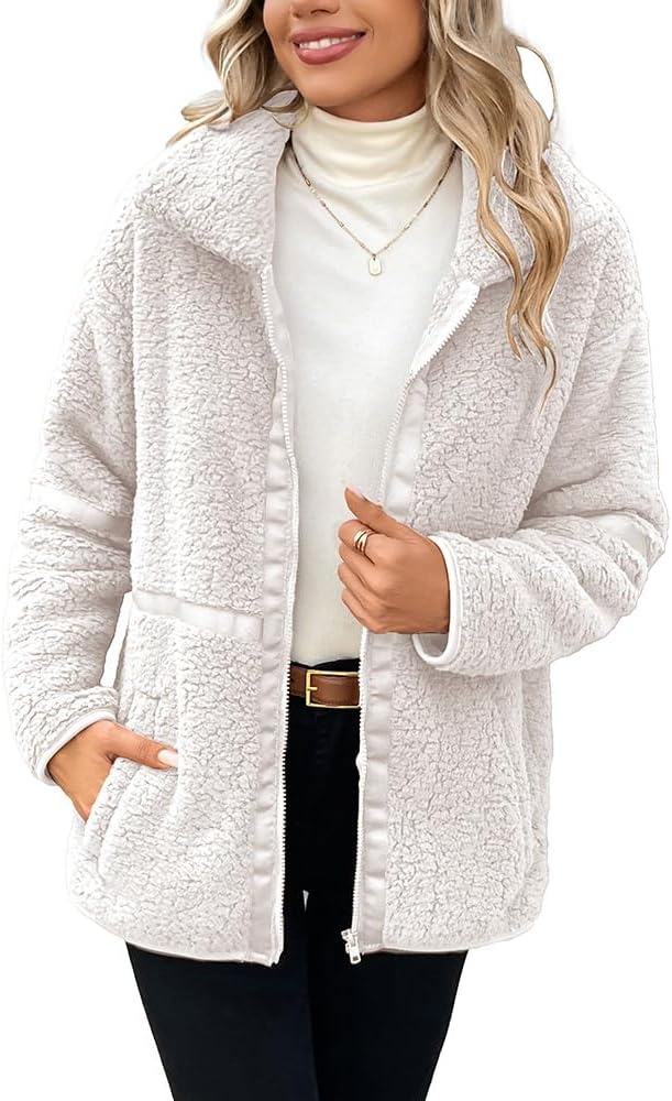 Women's Fleece Zip Up Sherpa Jacket Casual Stand Collar Patchwork Quilted Teddy Coat with Pockets