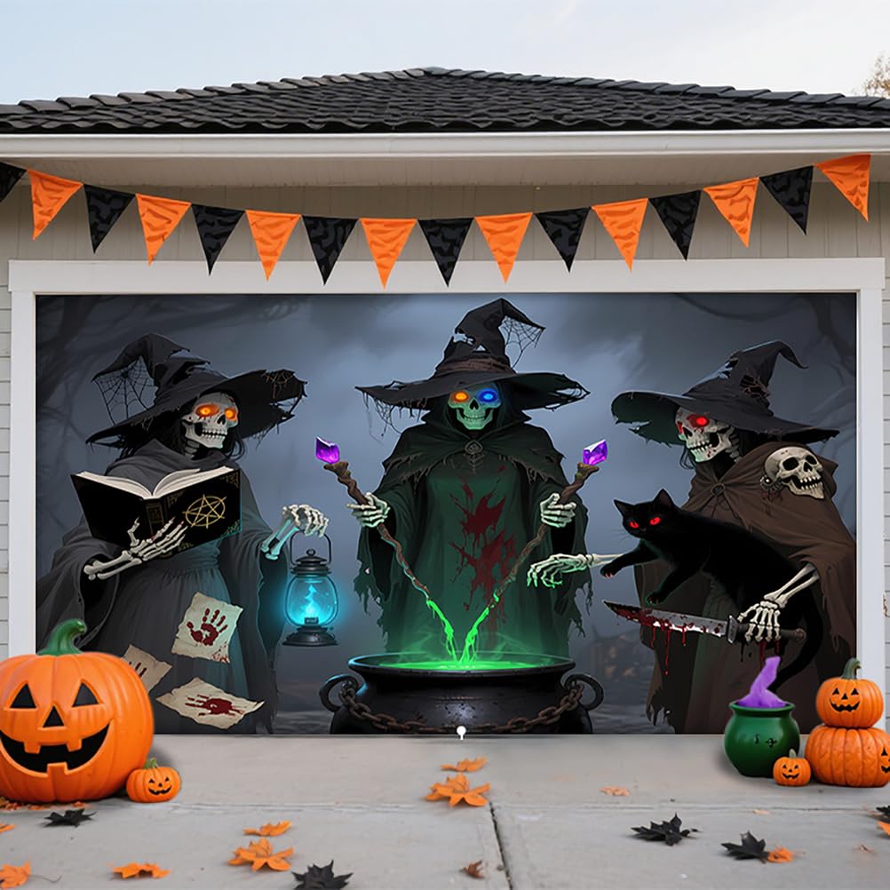 ZFFLYH Halloween Garage Door Cover, Large Hanging Garage Door Banner Backdrop Horror Halloween Wall Decorations for Outdoor Indoor Home House Party,Witch Skeleton,8 * 7FT
