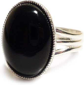 Women Silver Plated Black Onyx Ring Oval Gemstone 18 x 13 mm Adjustable