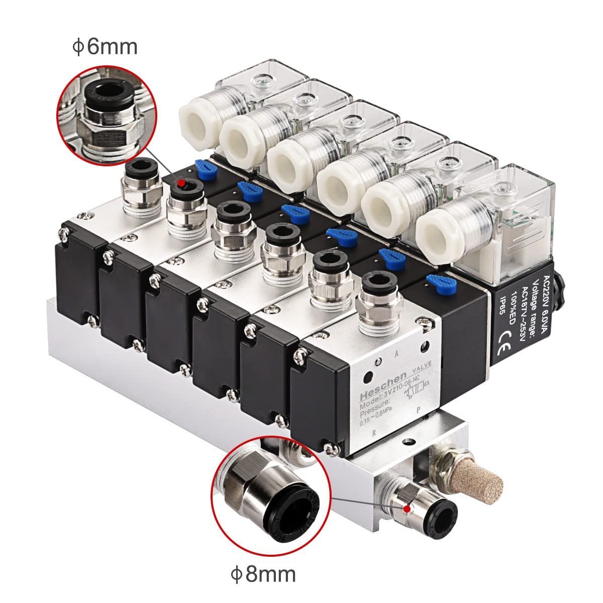 Heschen Elektryczny pneumatyczny 6 zaworów elektromagnetycznych, 3V210-08, AC220V, PT1/4, 3/2-drożny, zestaw szybkozłączki podstawy kolektora