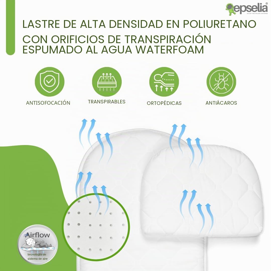 EPSELIA - Colchón para capazo con almohada, certificación antiasfixia EN16890:2017, estructura con orificios de ventilación, antiácaros, Certipur Oeko-Tex