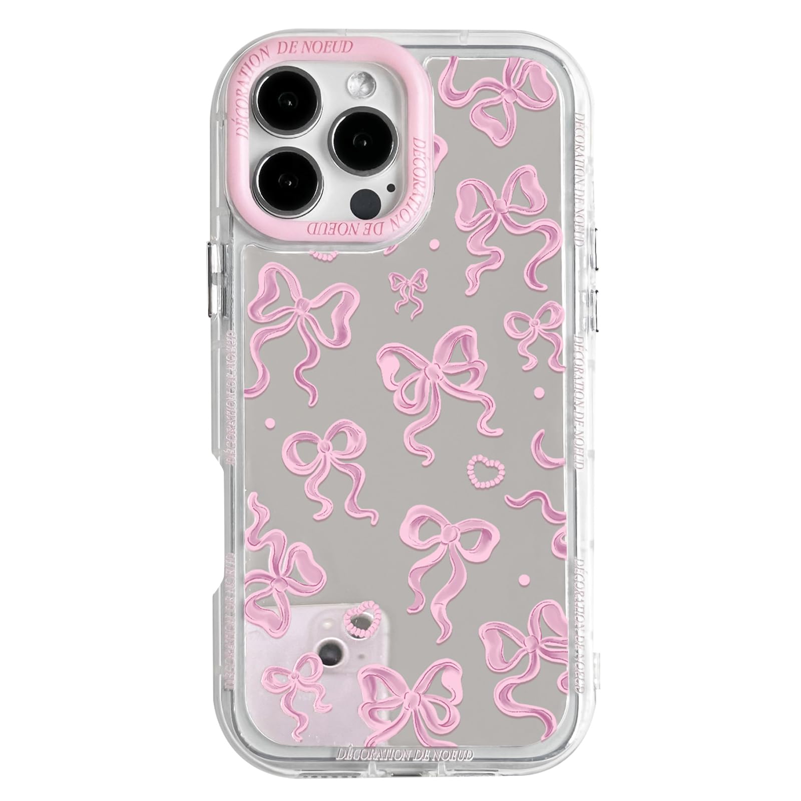 NITITOP Compatible with iPhone 16 Pro Case Cute Mirror Bow Love Heart Pattern for Women Girls Ribbon Design Shockproof Silver Protective Phone Cover -