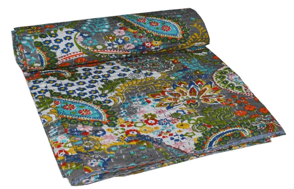 V Vedant Designs Twin Size Paisley Quilt Indian Kantha Quilt Paisley Print Kantha Bedcover Reversible Kantha Throw Bedspread Handmade Bedding Kantha Tribal Grey Quilt Paisley Blanket, 90X60 Inch