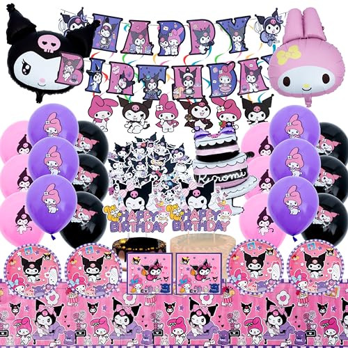 Cartoon Birthday Decorations 115PCS Party Decoration Set with Birthday Banner Cake Toppers Balloons Hanging Swirls Paper Plates Napkins Tablecloth and Stickers for Birthday Theme Party