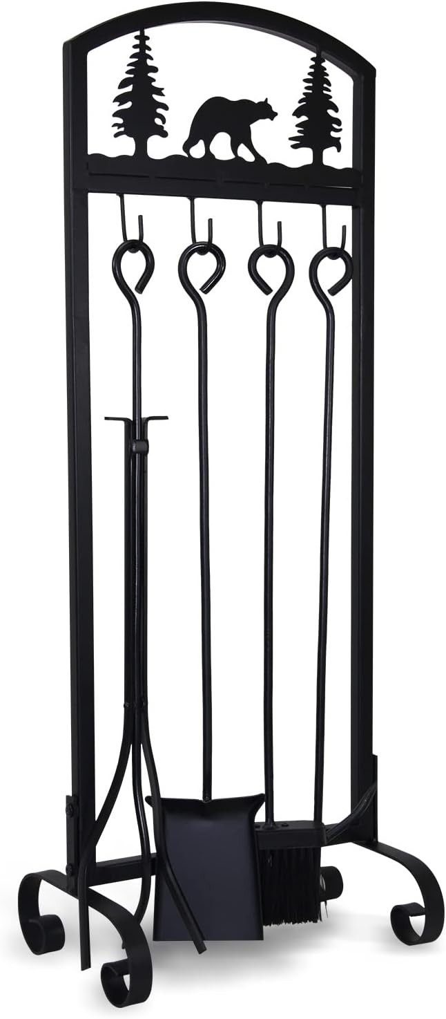 Fireplace Tools Set 30.5 inch Christmas Animals Pattern 5 Pieces Tool Sets Handle Wrought Iron Holder Firewood Tongs Shovel Brush Chimney Poker Stove Fireplace Accessories Kit With Base Stand Style a