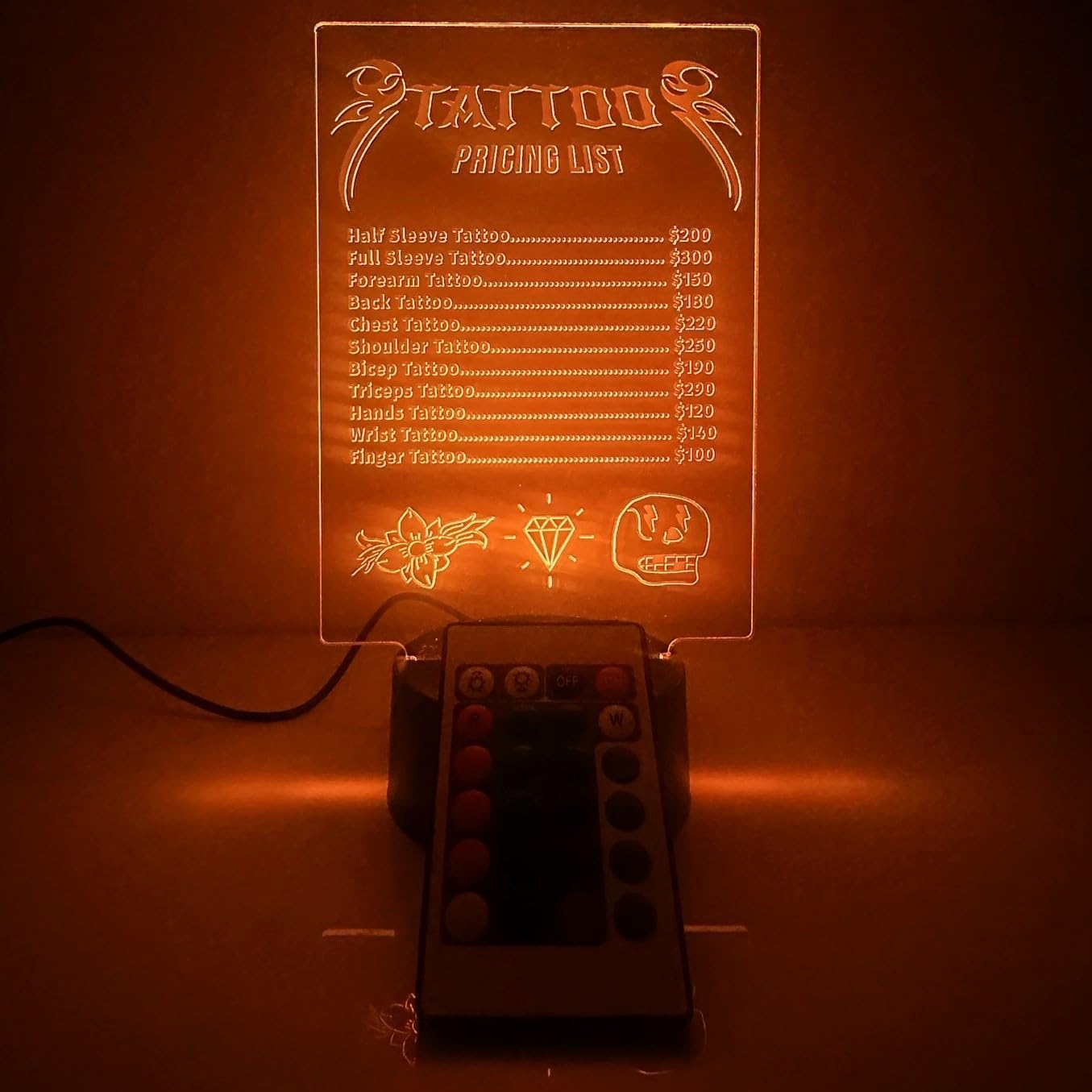 Tattoo Artist Shop Body Art Ink Studio Price List Night Light Up Wood Base LED Free Engraved Custom Name Personalized Desk Table Lamp Room Decor - 16 Color Options. Made in America. A Great Gift