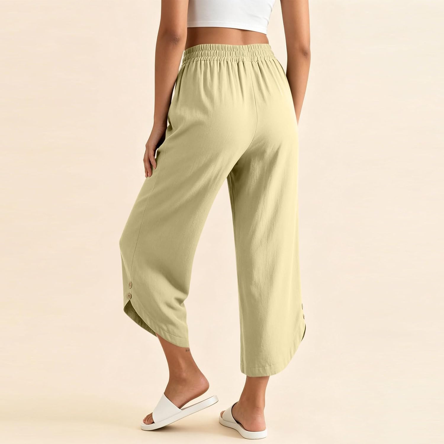 Cotton Capri Pants for Women Loose Casual Wide Leg Drawstring Elastic Waist Cropped Pant Summer Linen Clothes