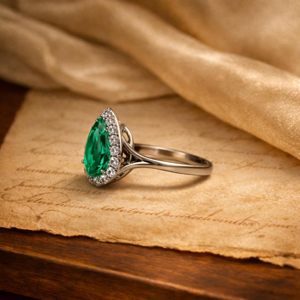 Pear Shape Green Emerald Halo Ring for Women 14K White Gold Diamond Engagement Ring Elegant Split Shank Bridal Anniversary Jewelry Gift for Wife