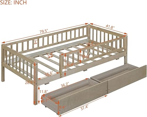 Miniatura 2 de Sofá cama de tamaño individual con 2 cajones de almacenamiento, cama Montessori de madera de pino con rieles de valla para niños y niñas, no