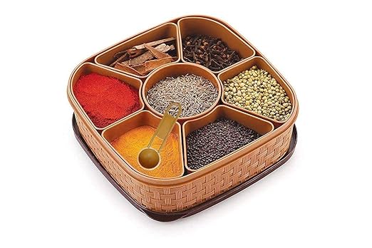 Clazkit Plastic Square 7 Sections Multipurpose Masala Rangoli Dabba Box Set, Spice Box Set – Brown (Masala Box – 7 in 1) at Rs. 107
