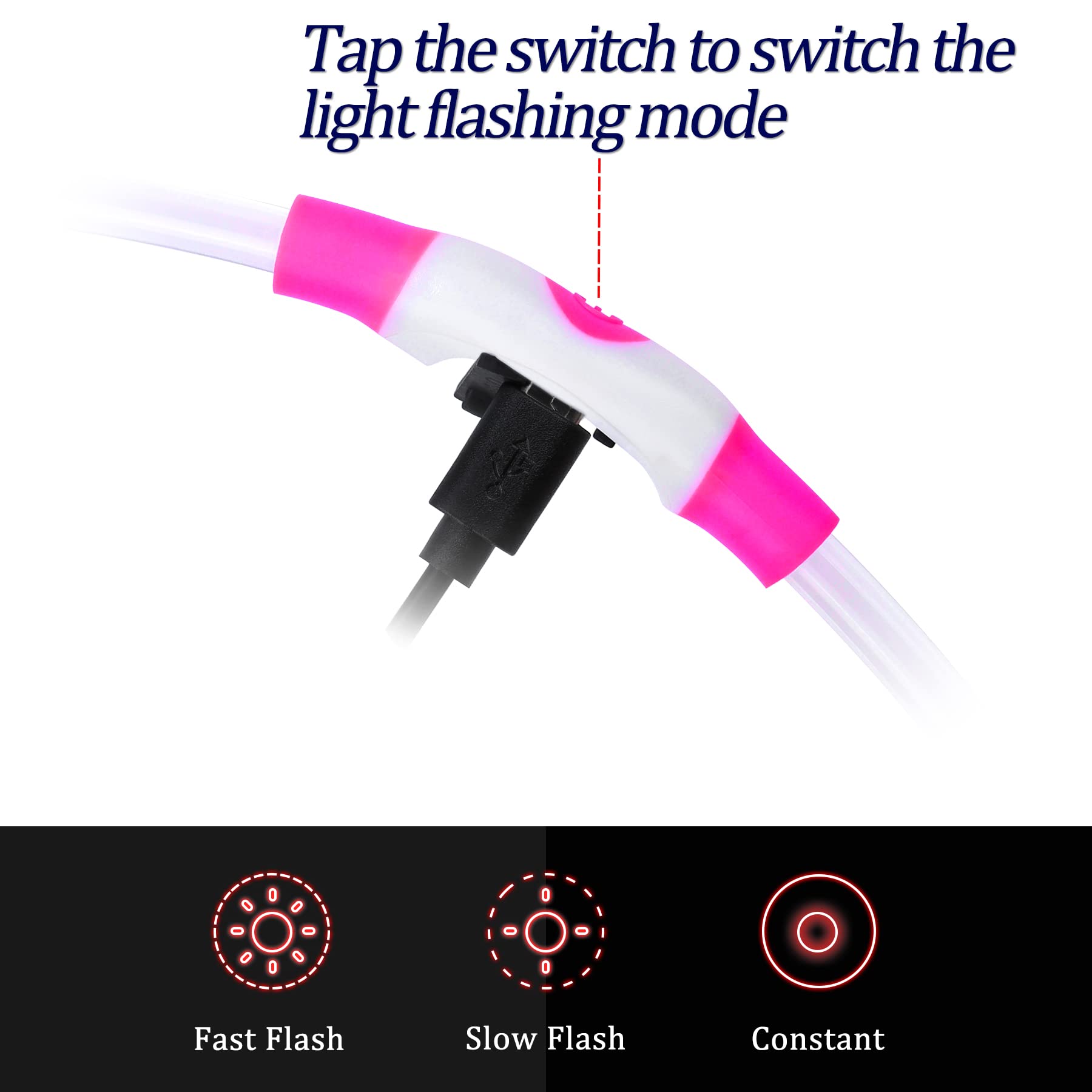 Coolzon Collare Luminoso per Cani USB Ricaricabile, Collare Cane Luminoso Impermeabile con 3 Modalità Di Luce, Regolabile Collare LED per Cani Gatti Taglia Piccola Media Grande, Rosa