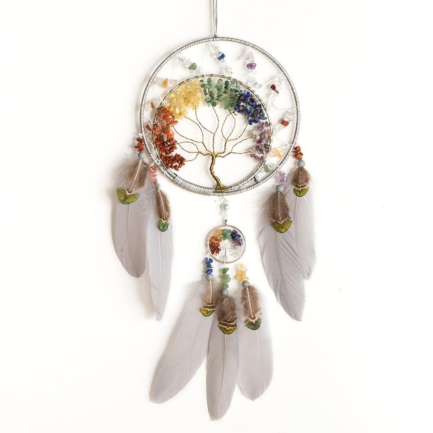 7 Chakras Tree of Life Dream Catcher Wall Decor with Rainbow Healing Crystal Stone Handmade Gray Feather DreamCatchers Wall Hanging Ornaments for