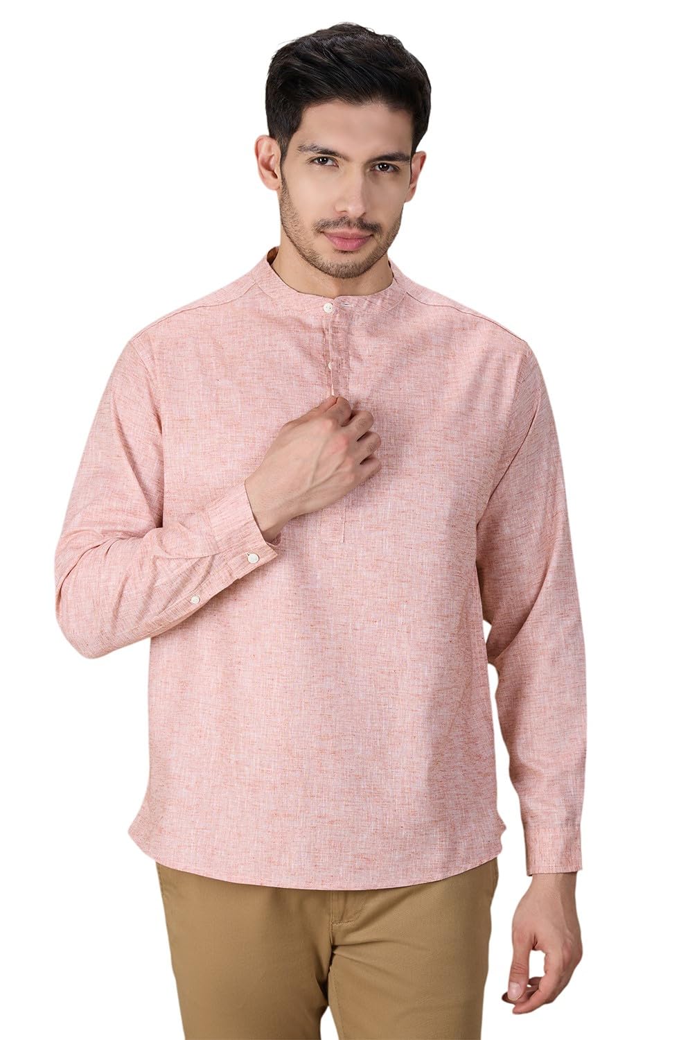 studio shringaar Men's Peach Cotton Linen Blend Two-Tone Classic Short Kurta Shirt-picture-39