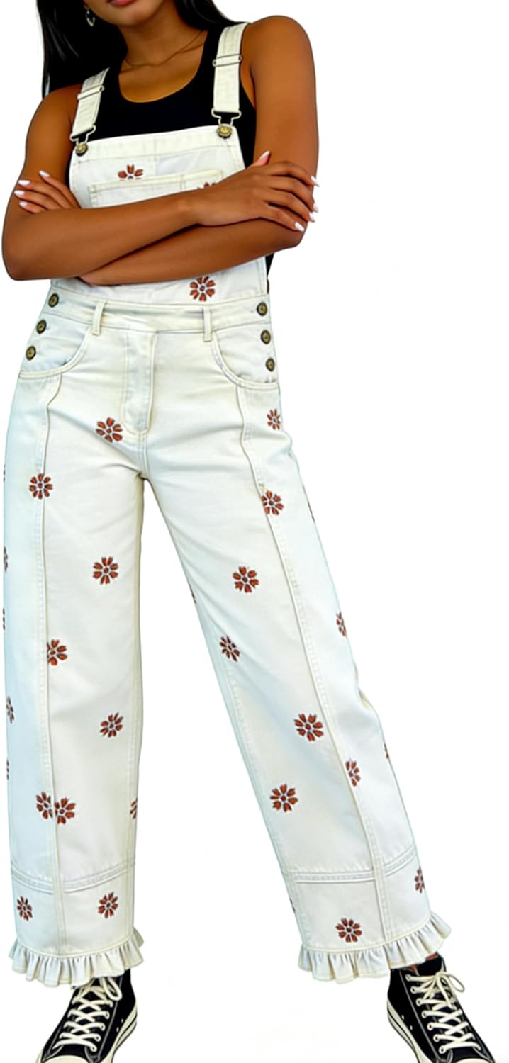 utcoco Womens Floral Print Denim Overalls Y2k Baggy Patchwork Boyfriend Barrel Jeans Wide Leg Denim Jumpsuit