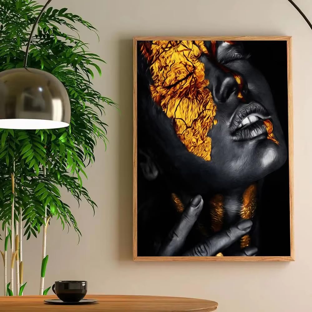 DFZEWKI Modern Black Gold African Woman Portrait Print Home Living Room Bedroom Entrance Bar Restaurant(70x90cm(26x35in)/No frame)