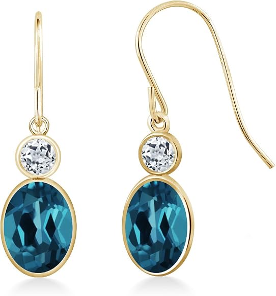 Amazon Com Gem Stone King 14k Yellow Gold London Blue Topaz And White Topaz Earrings For Women 2 08 Cttw Oval 7x5mm Clothing Shoes Jewelry