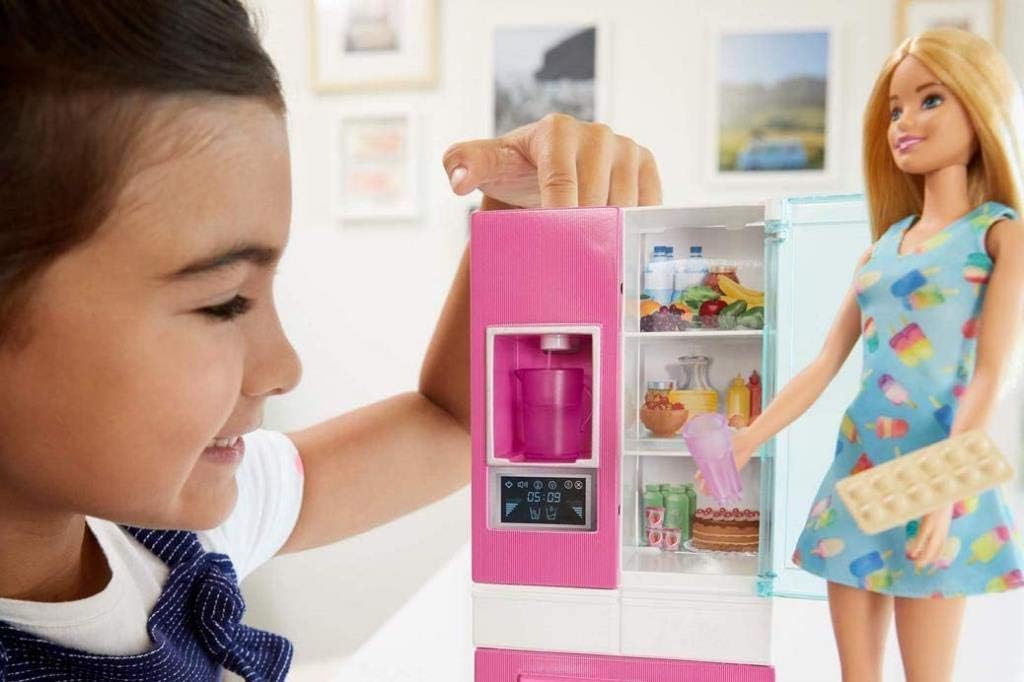 Barbie Doll, 11.5-in Blonde, and Furniture Set, Refrigerator with Working Water Dispenser and Three Kitchen Accessories, Gift for 3 to 7 Year Olds