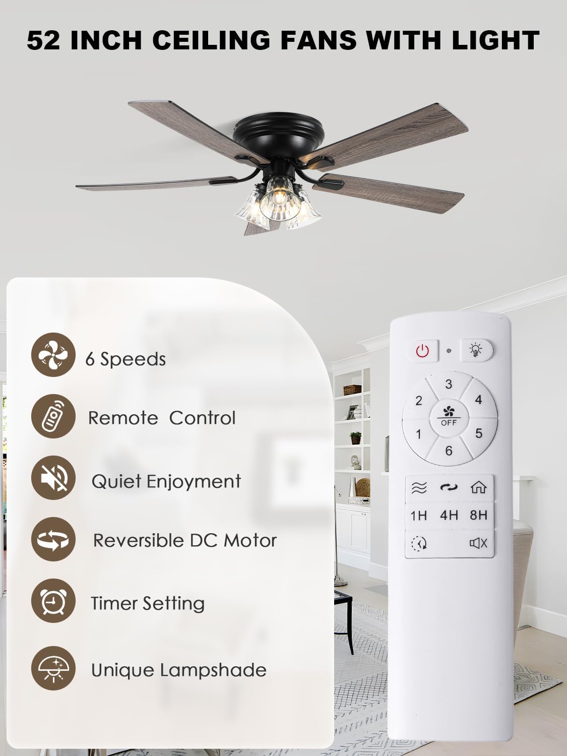 Bella Depot 52" Ceiling Fan with Light, Flush Mount Ceiling Fan with Remote, Vintage Rustic Low Profile Chandelier Fan with Silent Motor for Dining Living Room Bedroom, (Bulbs not Included)