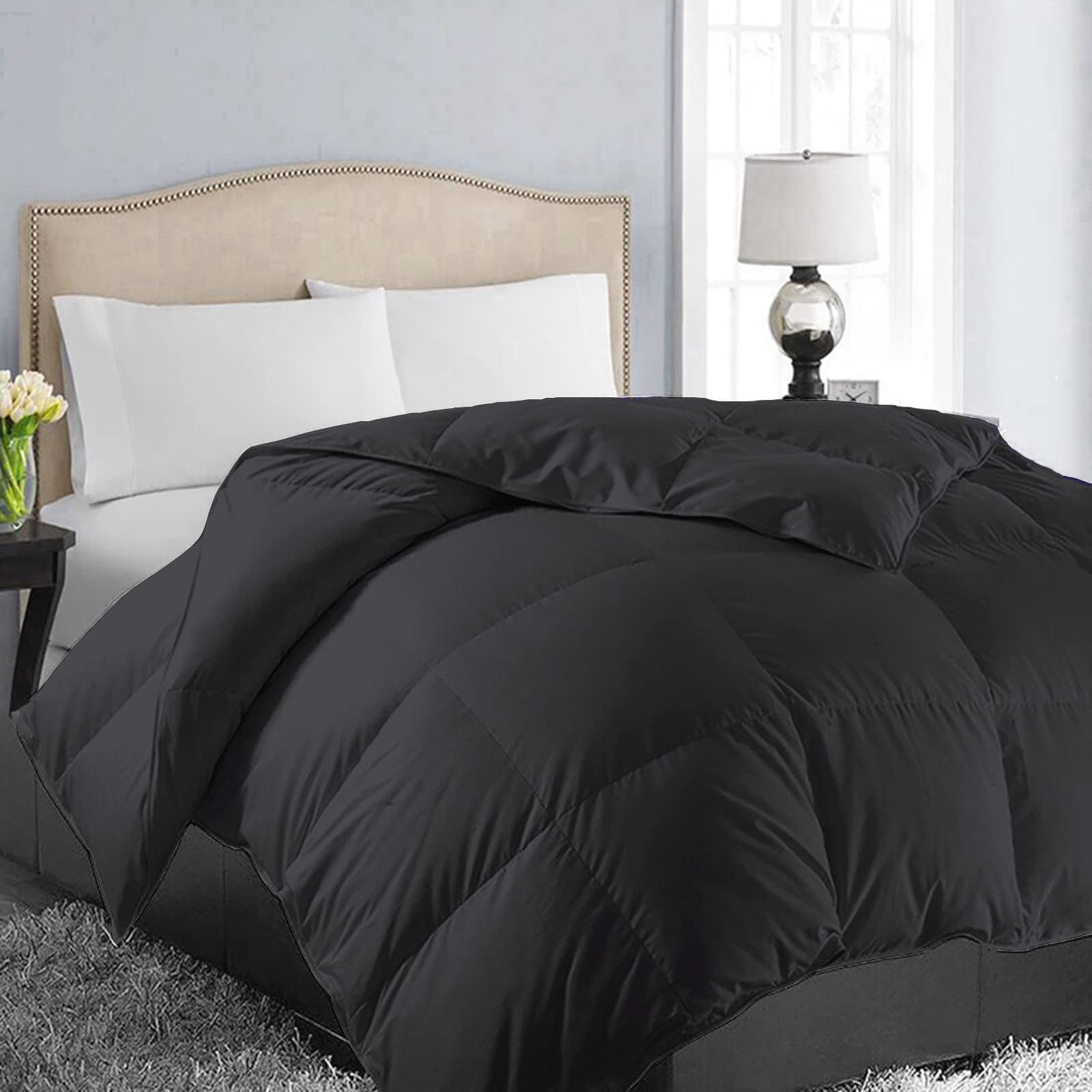 EASELAND All Season California King Soft Quilted Down Alternative Comforter Reversible Duvet Insert with Corner Tabs,Winter Summer Warm Fluffy Hypoallergenic,Black,96x104 inches