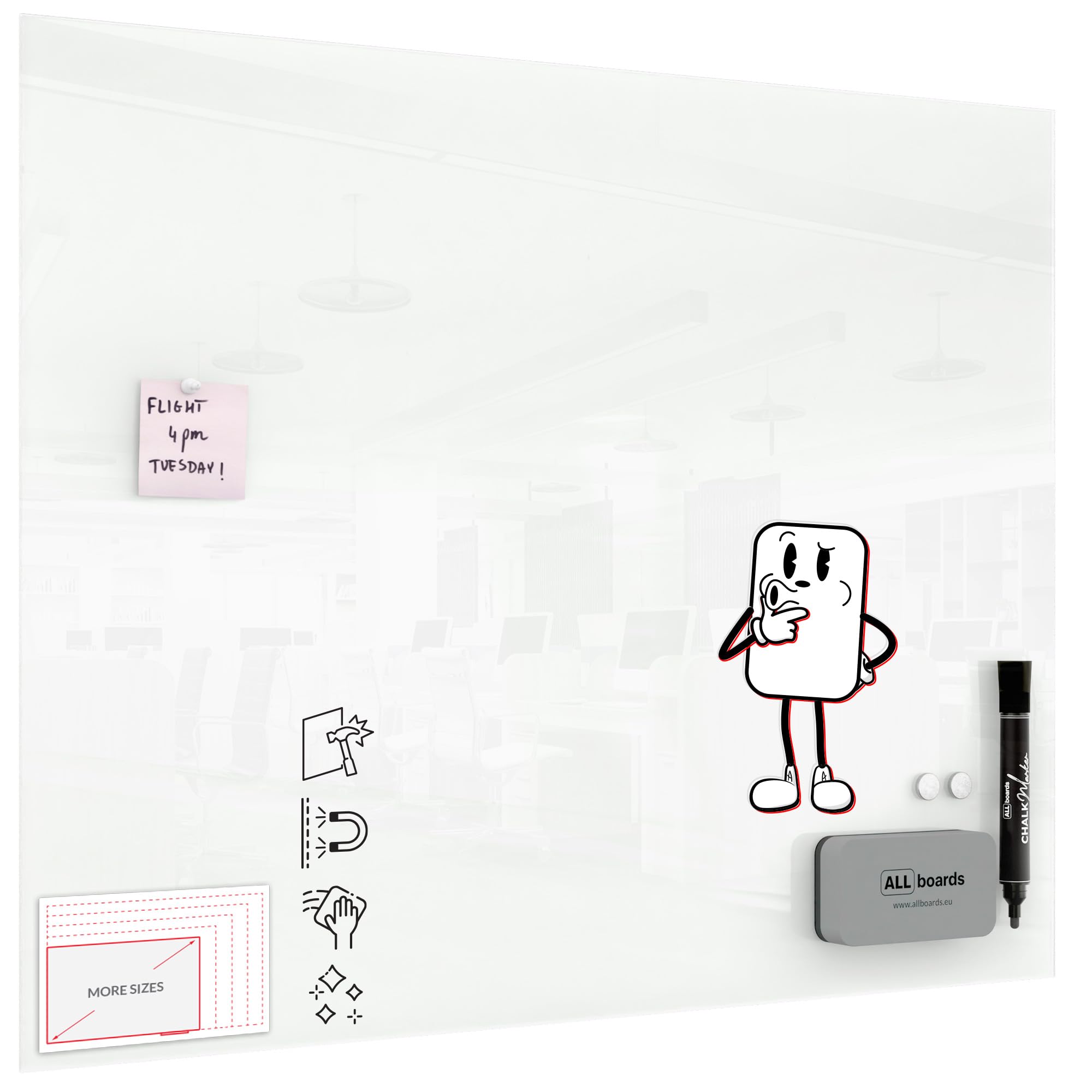 ALLboards Magnetic White Glass Board 100x80cm, Frameless, Glass Magnetic Whiteboard, Tempered Glass Writing Board