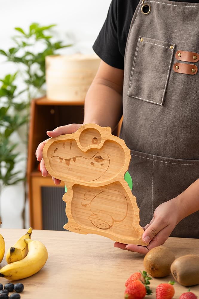 Xboo Toddler Plates, Bamboo Baby Suction Plates, Bamboo Suction Plates for Toddlers, Stay Put Feeding Plates, Wooden Divided Plate, Baby Dishes, Kids Plates, BPA Free | Rex_Green