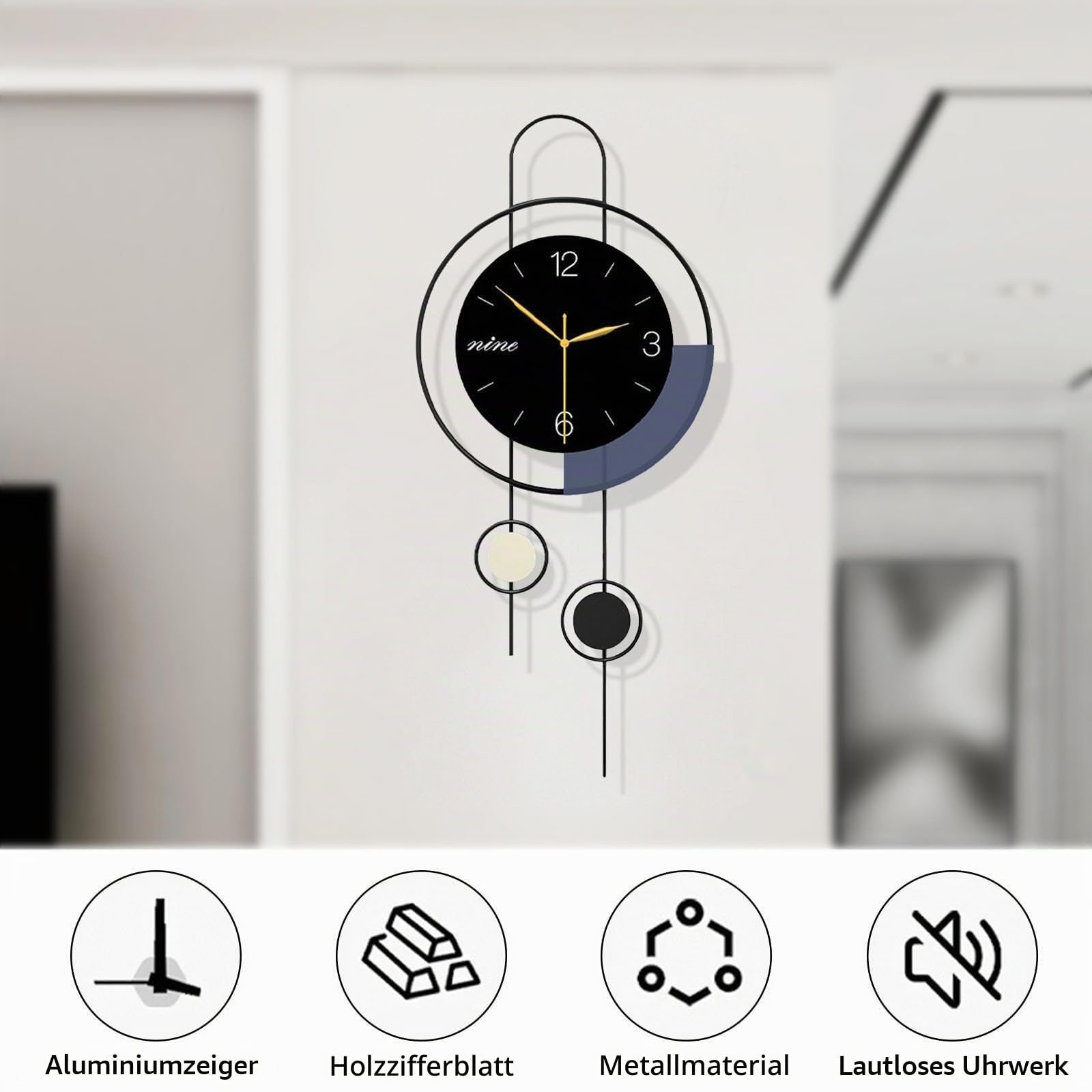 Groß Wanduhr Modern, Minimalistisch Kreativität Wanduhr Wohnzimmer, Holzzifferblatt + Metallrahmen, Ohne Tickgeräusche Dekorative Wanduhren für Zimmer Zuhause Küche Schlafzimmer Büro Schule