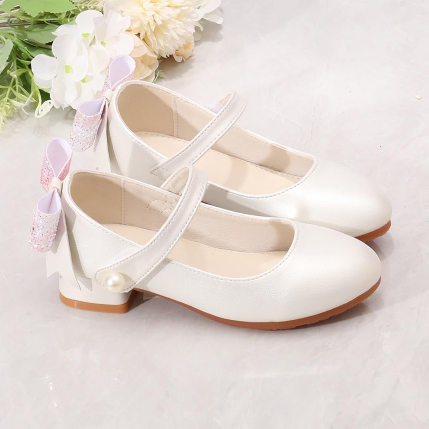 IWIHMIV Girls Dress Shoes Mary Jane Flower Girls Cute Bow Princess Low Heels Shoes for School Wedding Party