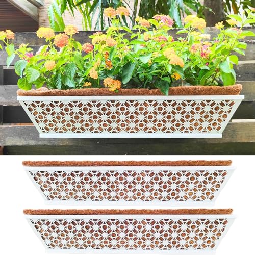 LaLaGreen Window Boxes Planters for Outdoor Plants (2 Pack, 24 Inch) White Metal Rectangular Wall Planter with Coco Liner, Horse Trough Deck Hanging Railing Plant Holder Modern Balcony Patio Fence by LáLáGreen - Used condition - US$51.72