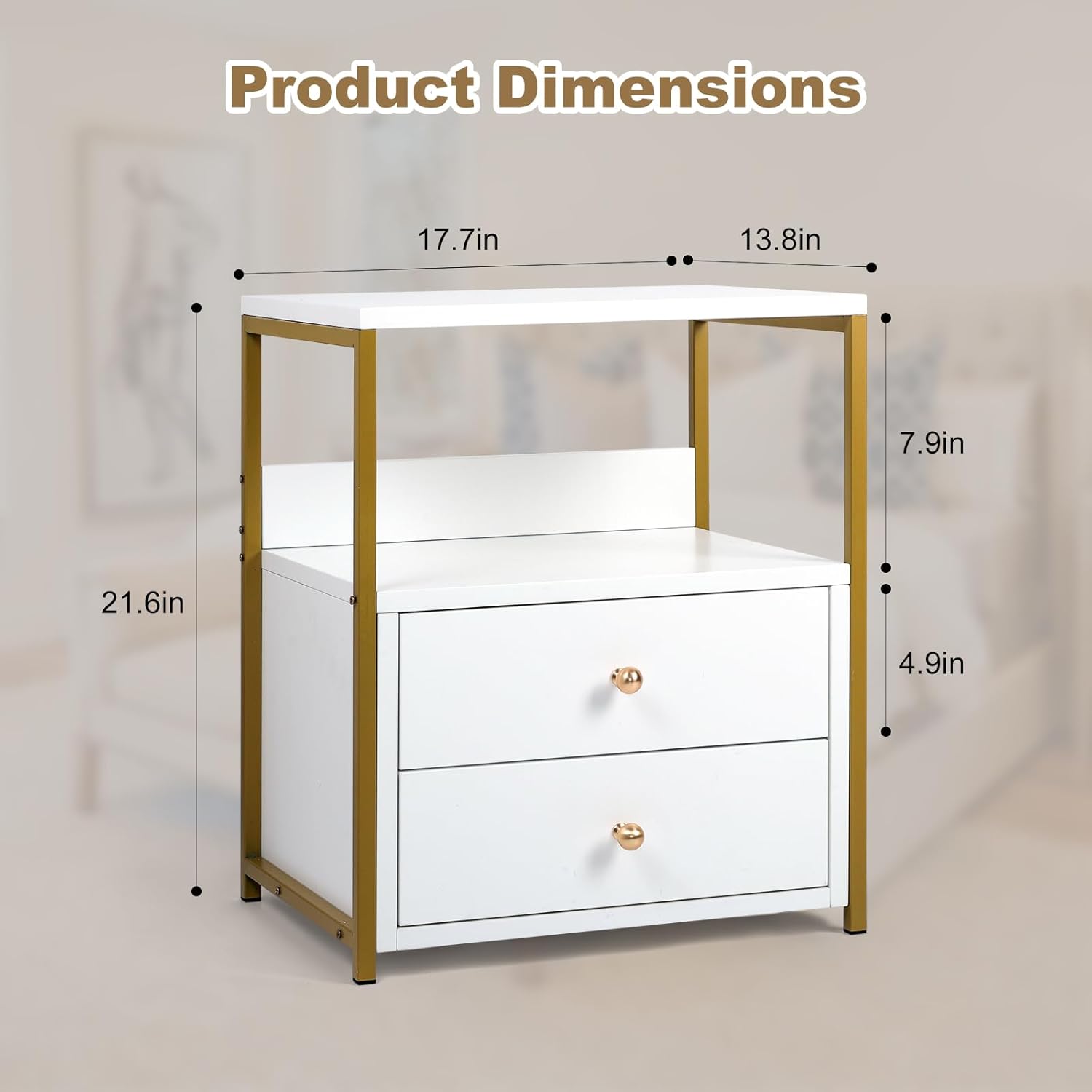 Wood Nightstand with Drawers Shelf, White Bedside Table Storage for Bedroom Living Room