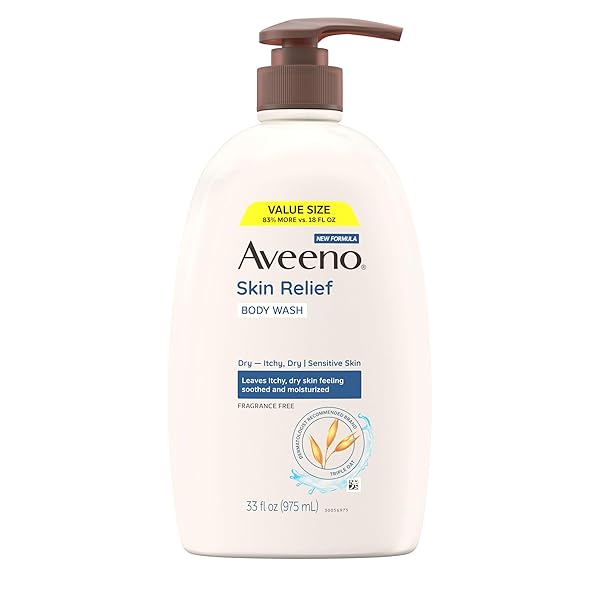 Aveeno Skin Relief Fragrance Free Body Wash, Triple Oat Formula, Gentle Daily Cleanser for Itchy Dry Sensitive Skin, Soap & Paraben Free, Soothes & Moisturizes, 33 fl oz