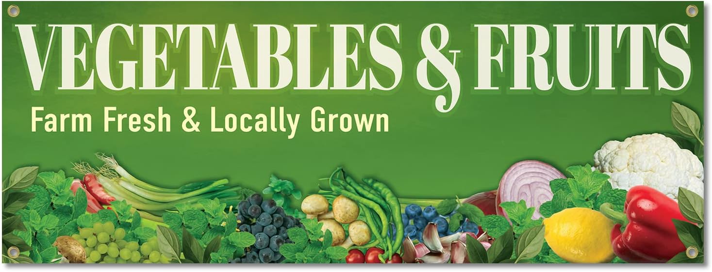 Vegetables and Fruits | 18" X 48" Banner | Outdoor Vinyl Sign with Grommets | Stand Cart Veggies Farm Fresh Advertising Displays | Made in The USA