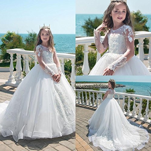 GZCYL Luxury Long Sleeves Lace Flower Girls Dresses 2024 Princess White Pageant Dress for Girls3