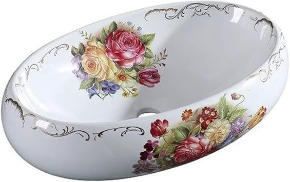 Ceramic Bathroom Vessel Sinks Oval Sink Bowl With Peony Flower Decoration for Vanity Top,600x400x150mm Size