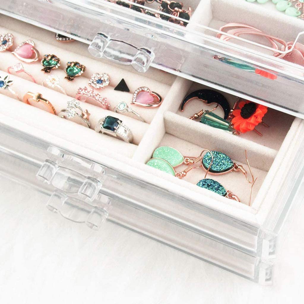Klassisches Schmuckkästchen Acryl Schmuckschatulle 3 Schublade Schmuck Organizer Samt Schmuck Aufbewahrungsboxen Exquisite Portable Display Case Geschenk geeignet für Damen und mädchen